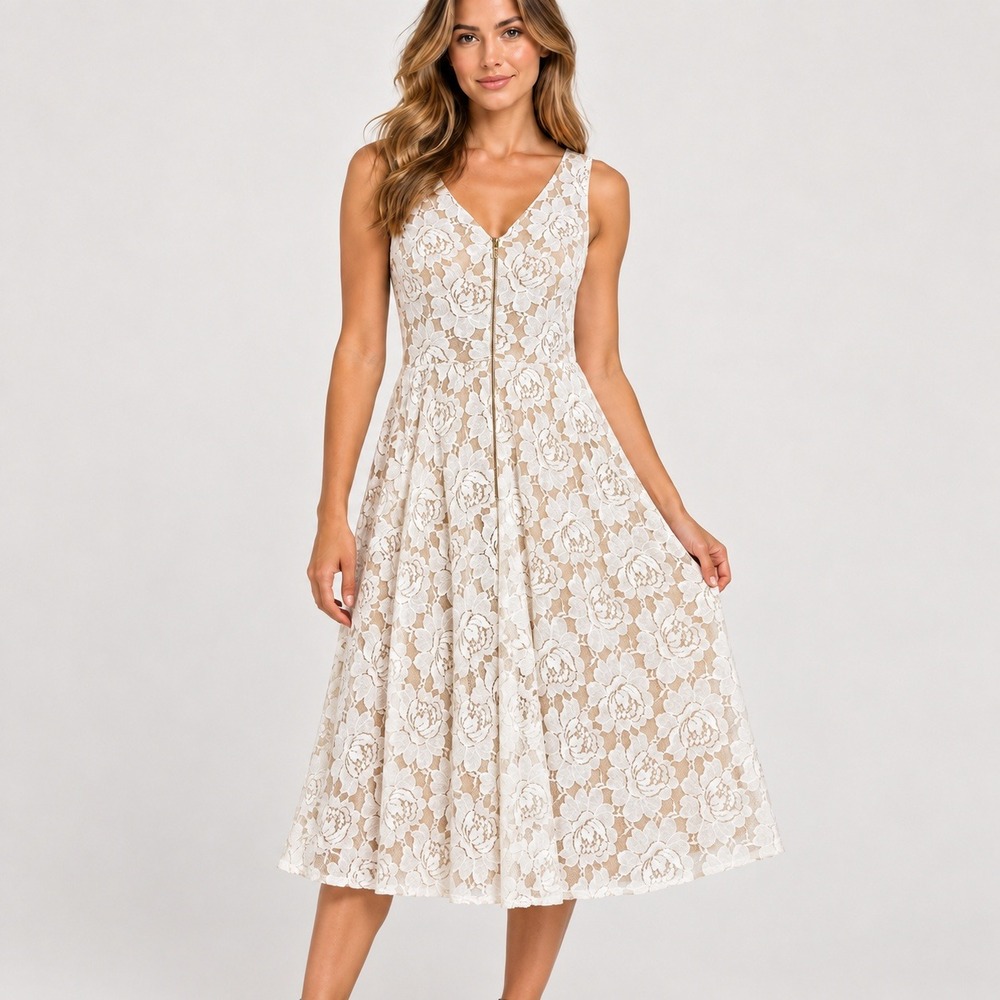 Jessica Howard White Floral Lace Fit and Flare Dress Sleeveless Tan Lining 12